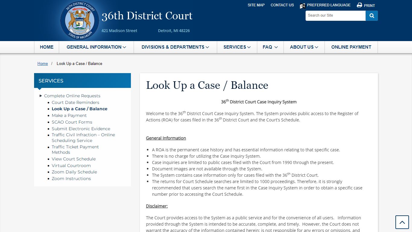 Look Up a Case / Balance - 36th District Court